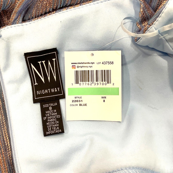 NIGHTWAY Womens Blue Metallic Rose Gold Formal Gown Dress sz 8 Prom NWT - Picture 8 of 8